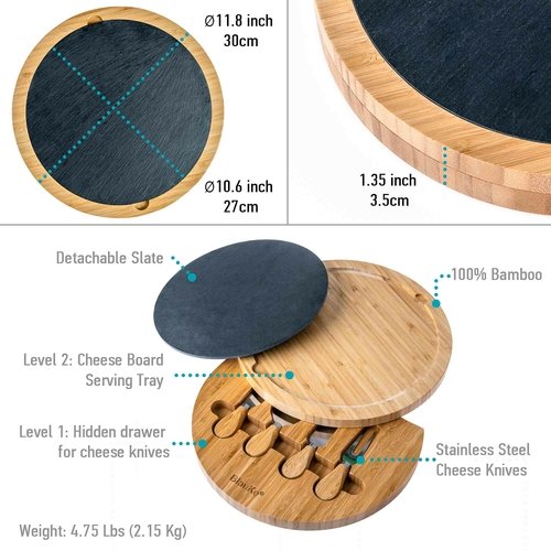 Round Bamboo Cheese Board with Knife Set and Removable Slate - 12 inch - Image 3