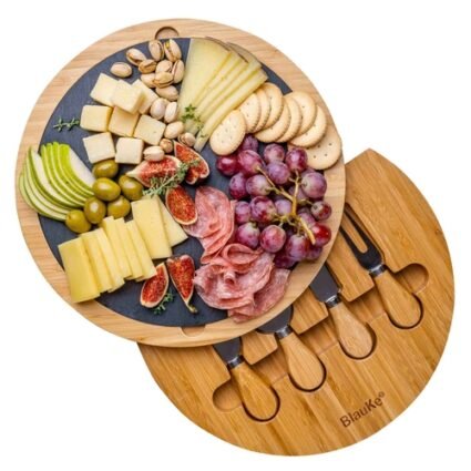 Round Bamboo Cheese Board with Knife Set and Removable Slate – 12 inch