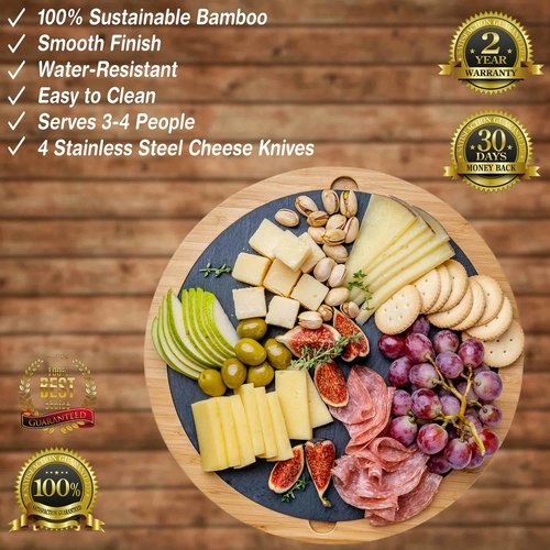 Round Bamboo Cheese Board with Knife Set and Removable Slate - 12 inch - Image 2