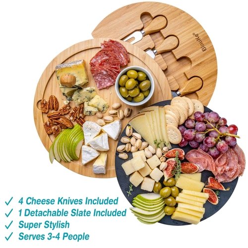 Round Bamboo Cheese Board with Knife Set and Removable Slate - 12 inch - Image 10
