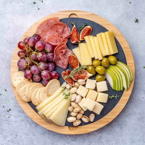 Round Bamboo Cheese Board with Knife Set and Removable Slate - 12 inch - Image 9