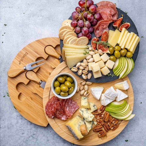 Round Bamboo Cheese Board with Knife Set and Removable Slate - 12 inch - Image 4