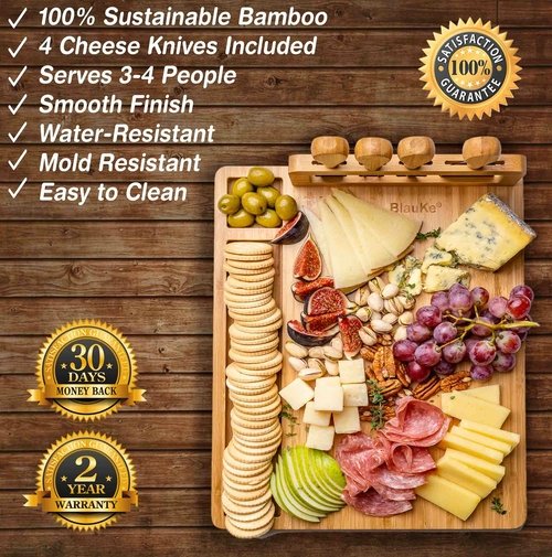 Bamboo Cheese Board and Knife Set - 14x11 inch Charcuterie Board with - Image 2