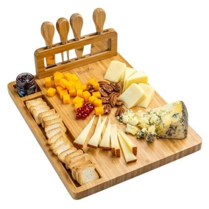 Bamboo Cheese Board and Knife Set – 14×11 inch Charcuterie Board with