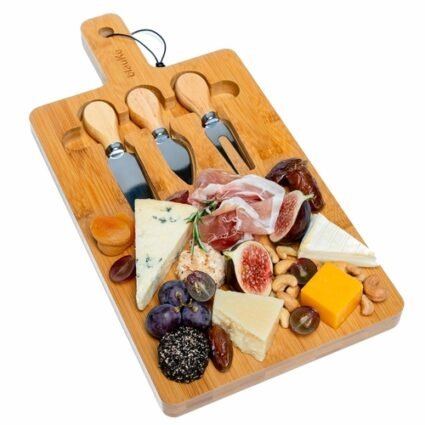 Bamboo Cheese Board and Knife Set – 12×8 inch Charcuterie Board with
