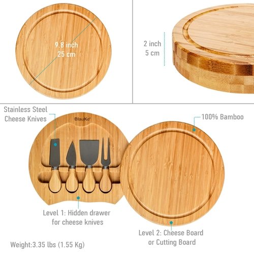 Bamboo Cheese Board and Knife Set - 10 Inch Swiveling Charcuterie - Image 3