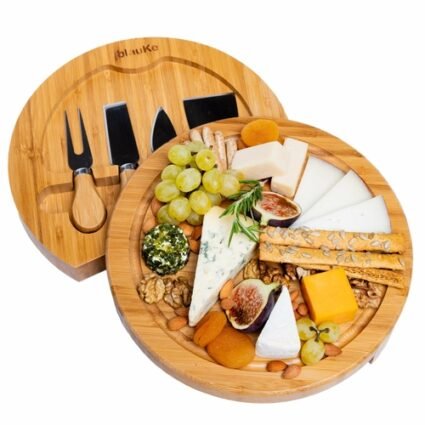 Bamboo Cheese Board and Knife Set – 10 Inch Swiveling Charcuterie