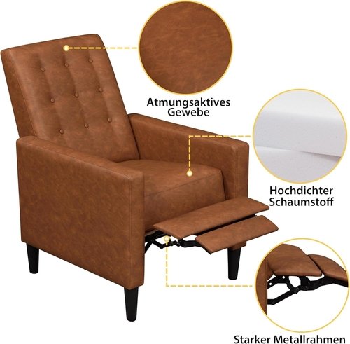 Brown Faux Leather Recliner Sofa Adjustable Back Footrest - Image 7