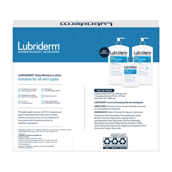 Lubriderm Daily Moisture Lotion, Fragrance Free 24 fl oz, 2-count + 6 fl oz Travel Size - Image 2